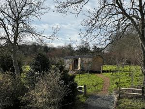 a small wooden cabin in a field with a fence at Robins Retreat - orchard with hot tub - see extras in Alfriston