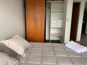 uma cama com duas almofadas num quarto em Departamento muy luminoso en La Plata em La Plata