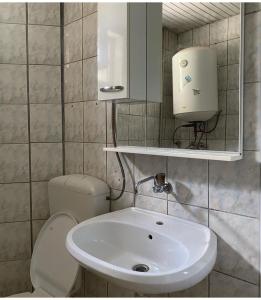 a bathroom with a sink and a toilet and a mirror at Guest House Zarnovel Palace in Ohrid