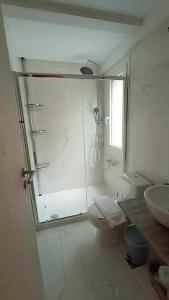 ein Bad mit einer Dusche, einem WC und einem Waschbecken in der Unterkunft Divine Studios Elafonisos B2 in Elafonisos