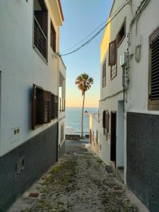 eine Gasse mit Gebäuden und einer Palme in der Ferne in der Unterkunft Come Together in San Juan de la Rambla