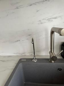 a kitchen sink with a faucet on a counter at Ravėlino Apartment in Klaipėda +38 photos
