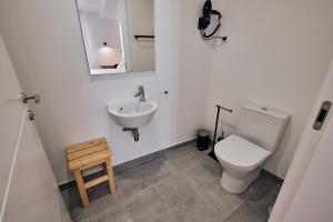 La salle de bains est pourvue de toilettes, d'un lavabo et d'un miroir. dans l'établissement Volcanic Boutique Hostel, à Angra do Heroísmo