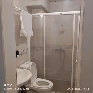 y baño con ducha, aseo y lavamanos. en Holiday Relax1 en Jagodina