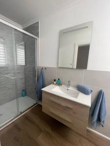a bathroom with a sink and a shower at Blanco y Añil Plaza in Valdepeñas