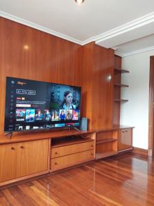 a large flat screen tv on a wooden wall at Haitze in Getaria