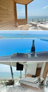 een surfplank op een tafel naast een zwembad bij Luxury Rooftop Suites by Blumont in Durrës