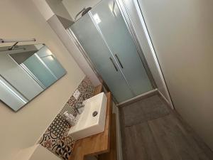 ein Bad mit einem Waschbecken und einem Spiegel in der Unterkunft Appartement pour évasion marine à Hauteville sur mer in Hauteville-sur-Mer