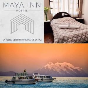 a collage of two pictures of a bed and a boat at HOSTAL MAYA INN in La Paz