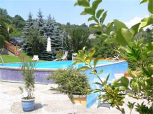 a swimming pool with plants in front of a house at Hotel Pension Stadlhuber Aktivpark Kremsmünster in Kremsmünster