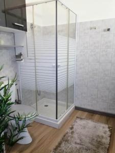 a shower with a glass door in a bathroom at Alicia in Camélas