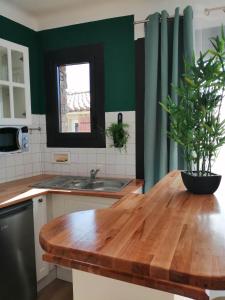 uma cozinha com uma mesa de madeira com um vaso de plantas em Alicia em Camélas