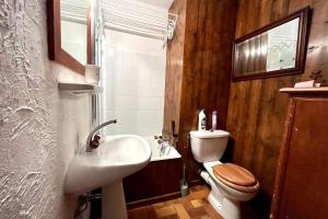 a bathroom with a white sink and a toilet at Cosy studio with garden and view of Mont Blanc in Saint-Gervais-les-Bains