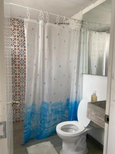 a bathroom with a toilet and a shower curtain at República Hostel Cabin Beds in Bogotá