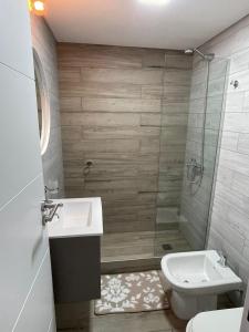 een badkamer met een douche, een wastafel en een toilet bij Betania Plaza in Cordoba