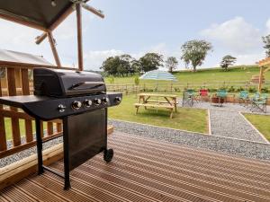 a grill on a deck with a picnic table at Mad Molly Lodge in Llandudno