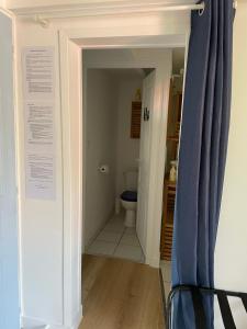 baño con aseo y cortina azul en Mérig'home Chambre BD climatisée dans maison avec piscine au calme en ville, SdB & toilettes privés, en Angulema
