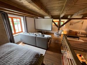 ein Wohnzimmer mit einem Sofa und einem großen Bildschirm in der Unterkunft Little Cottage No.100 in Vidochov