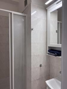 een badkamer met een douche en een wastafel bij Hotel Avion in Bratislava