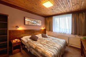 a hotel room with a bed and a window at Hotel Tetřeví Boudy in Pec pod Sněžkou