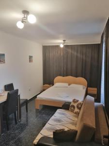a bedroom with a bed and a couch and a table at Casa Alexandru in 2 Mai