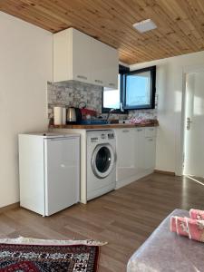 a kitchen with a washer and dryer in a room at Orman ile iç içe ağaç ev in Ula