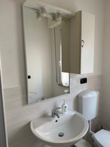 W łazience znajduje się umywalka, lustro i toaleta. w obiekcie Casa Colombina w Weronie