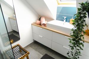 La salle de bains est pourvue d'un lavabo et d'un miroir. dans l'établissement Modern house T&D for 7 pax with spacious garden, à Zgornje Gorje