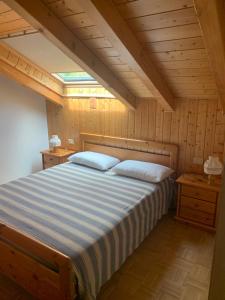 1 dormitorio con 1 cama grande en una habitación de madera en Appartamento Genziana, en Predazzo