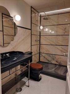 ein Bad mit einem WC, einem Waschbecken und einer Dusche in der Unterkunft One Shot Palácio Cedofeita in Porto