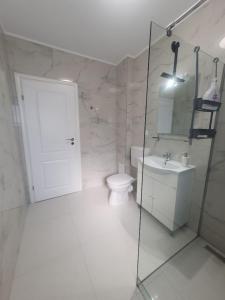 bagno bianco con servizi igienici e lavandino di Flat in Sibiu 20 min to Sibiu Airport a Sibiu