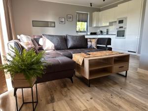 a living room with a couch and a coffee table at Domy wakacyjne WELLE in Kołczewo