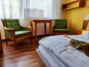 een ziekenhuiskamer met 2 stoelen, een tafel en een bed bij City Hotel Pforzheim in Pforzheim