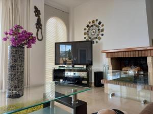 a living room with a tv and a vase with purple flowers at Villa Suiza in Altea