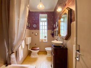 a bathroom with a sink and a toilet and a mirror at Camera Romantica con Giardino in Dimora Storica - B&B Palazzo Robicci in Castiglion Fiorentino