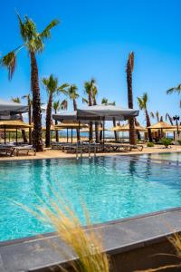 a swimming pool with palm trees and umbrellas at Ayvalık Sea Long in Ayvalık