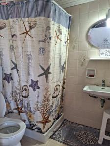 baño con cortina de ducha con estrellas y lavabo en Βig Βlue Apartments en Makry Gialos