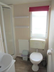 a bathroom with a toilet and a sink and a window at Kingfisher : Vacation III:- 6 Berth, Close to site entrance in Ingoldmells