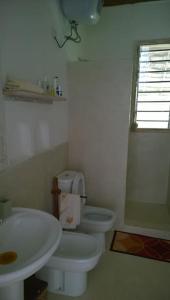 Łazienka z białą toaletą i umywalką w obiekcie Swordfish Villas Samaki House (n.4) w mieście Malindi