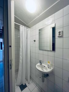 y baño con cortina de ducha y lavamanos. en Gullingen Turistsenter, en Gullingen