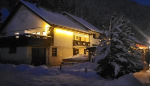 una casa cubierta de nieve por la noche en Apartments Oman, en Kranjska Gora