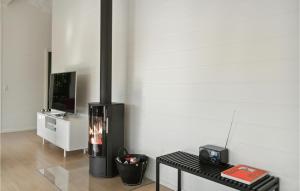 エーベルトフトにあるAmazing Home In Ebeltoft With 4 Bedrooms, Sauna And Wifiの暖炉付きのリビングルーム(テーブル、テレビ付)