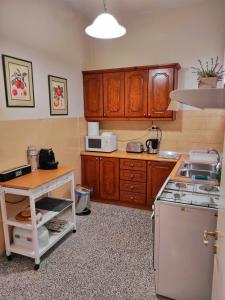 a kitchen with wooden cabinets and a stove top oven at Theater Penthouse in Corfu Town