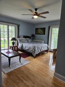 - une chambre avec un lit et un ventilateur de plafond dans l'établissement Sunflower Guest Suites, à Summerside