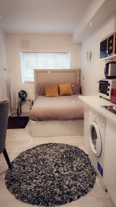 um pequeno quarto com uma cama e uma máquina de lavar roupa em Studio Flat, close to o2 Arena and City Airport em Woolwich