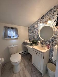 a bathroom with a toilet and a sink and a mirror at Archie's Lakeside Cabin in Wolfville