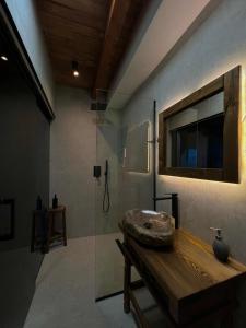 a bathroom with a sink and a glass shower at Molla Guest House in Theth