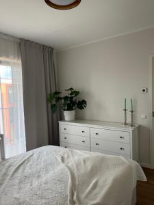 a bedroom with a bed and a dresser with a plant at Apartment Kvartsi in Tartu