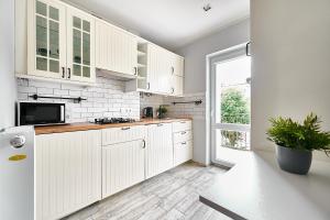 een keuken met witte kasten en een potplant bij Apartament Drewno i Biel 54 M2 in Olsztyn