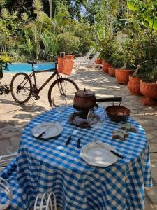 einem blau-weißen karierten Tisch mit Tellern und einem Fahrrad in der Unterkunft Andorinhas "Mini casa de hóspede" in Niterói